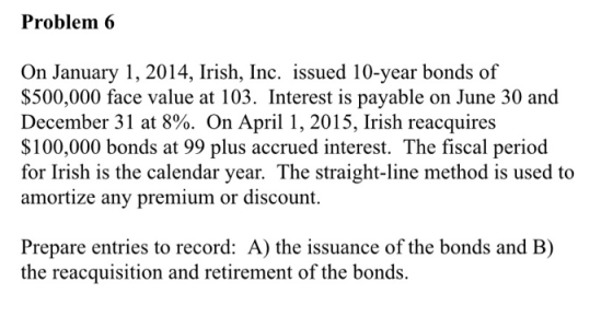 Problem 6 On January 1, 2014, Irish, Inc. issued 10-year bonds of $500,000 face value at 103. Interest is payable on June 30