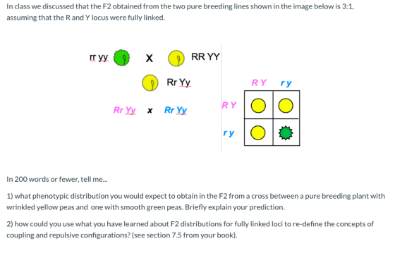 In class we discussed that the F2 obtained from the two pure breeding lines shown in the image below is 3:1, assuming that th
