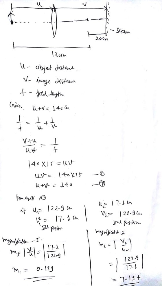 1 H i -Screen 20cm 1. Ron u- object distance V image distance t-Jecal length Give utv=140CM tot the futu Vtu - 1 ut = 140815=