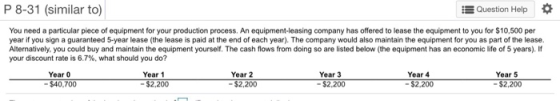 Question Help * P 8-31 (similar to) You need a particular piece of equipment for your production process. An equipment-leasing company has offered to lease the equipment to you for $10,500 per year if you sign a guaranteed 5-year lease (the lease is paid at the end of each year). The company would also maintain the equipment for you as part of the lease. Alternatively, you could buy and maintain the equipment yourself. The cash flows from doing so are listed below (the equipment has an economic life of 5 years). If your discount rate is 6.7%, what should you do? Year 1 -$2,200 Year 2 Year 3 $2,200 Year 4 Year 5 Year 0 2,200 2,200 2,200 0.700