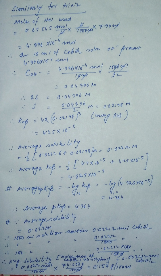 Similarly for trials moles of Hel used = 0.05 565 molx x 7.900 = 4.896 *10-4 mos De 10 ml of coolt, soln oth freneur G.396x15