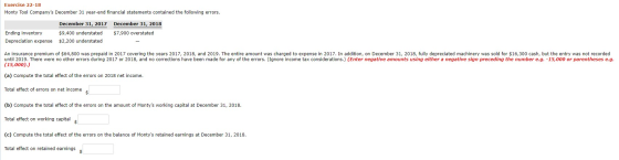 Exercise 22-18 Monty Tool Companys December 31 year-end financial statements contained the following errors. December 31, 20