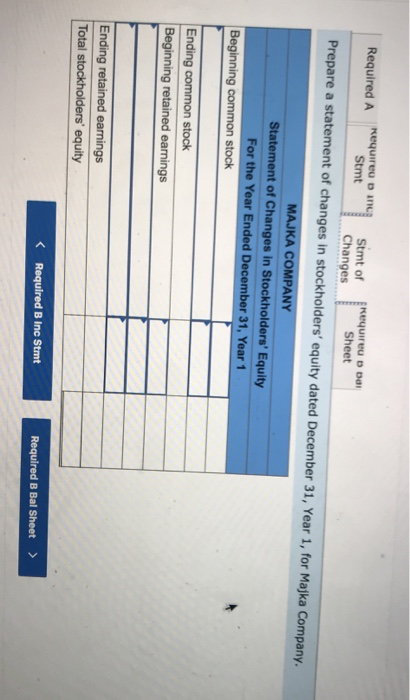 Requireu o anc Stmt Required A Sheet Changes Prepare a statement of changes in stockholders equity dated December 31, Year 1, for Majka Company. MAJKA COMPANY Statement of Changes in Stockholders Equity For the Year Ended December 31, Year 1 stock Ending common stock Total stockholders equity < Required B Inc Stmt