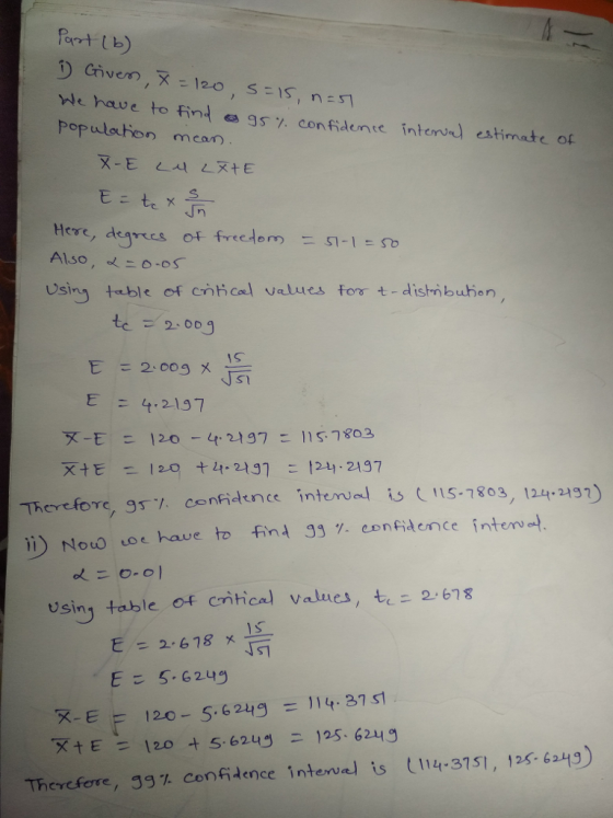 fat b) erau e to fintあ35% confidente interno) estimate of populoion mean Here, degrees of freedomニS-leSo Usiny table of citical values for t-distibuhion te =2009 IS E = 4.2157 Therefore, gry, confidence intenued is (!is. 7803/ 124.2137) Nou) eo e have to fint gg%. confidence interv . nfidince inten is (115-7803, 124.2491 OTS, 93 usin, table of Critica) values , te=2-678 xt E = 120 t 5.624 3ニ125. 62113 is (114-31st, ,25,62Hg) interva/ Therefore, g3% confidence