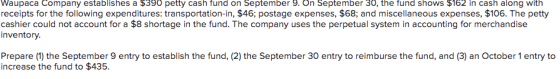 Waupaca Company establishes a $390 petty cash fund on September 9. On September 30, the fund shows $162 in cash along with re