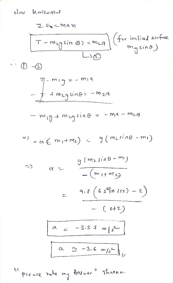 Now horizontal 2. For man or T-magsin o) = msall J inclined surface mysino) 10 © 7-miga - mig + m2gsings -m29 - -mig+magsine