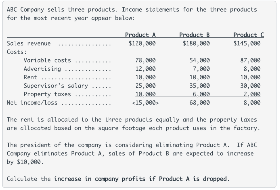 ABC Company sells three products. Income statements for the three products for the most recent year appear below: Product A P
