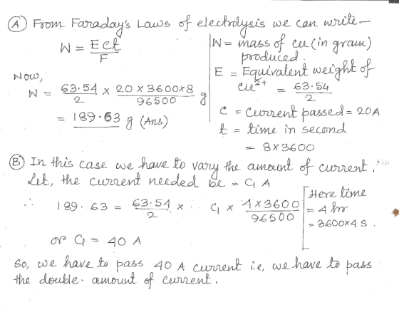 Lauds of elechriysis we can writ |N= mass of C(in qram) produced Fquivalent weight of From Faradays W= E CE Nouw eut 63 54 63