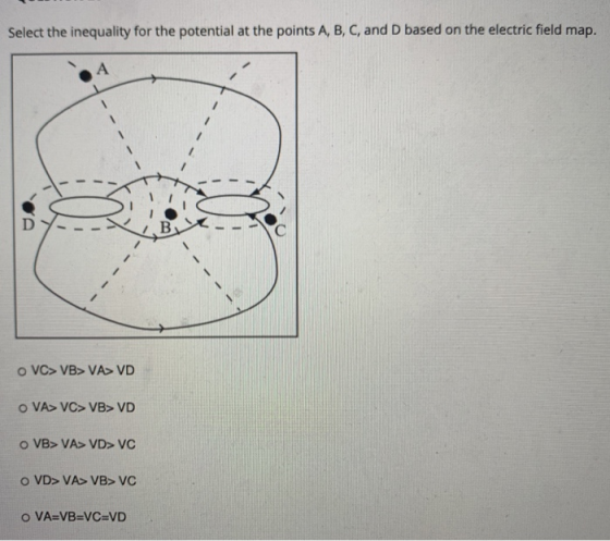 Select the inequality for the potential at the points A, B, C, and D based on the electric field map. А D o VC> VB> VA> VD O