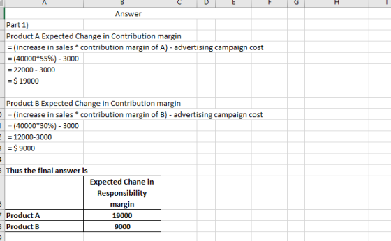 C D E F Answer Part 1) Product A Expected Change in Contribution margin = (increase in sales * contribution margin of A) - ad