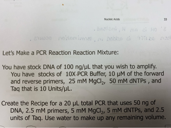 Nucleic Acids 33 boslari, no NO E Lets Make a PCR Reaction Reaction Mixture: You have stock DNA of 100 ng/uL that you wish t