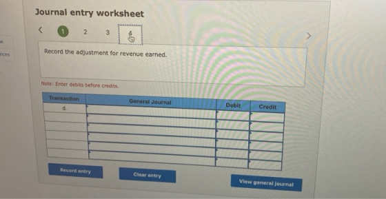 Journal entry worksheet < 0 2 3 nces Record the adjustment for revenue earned. Note: Enter debits before credits Transaction