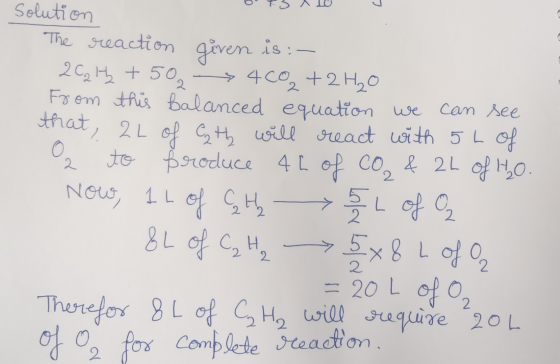 solution The reaction given is :- 20ath +50 460 +2H₂O From this Balanced equation we can see that, 2l of Cth will react with
