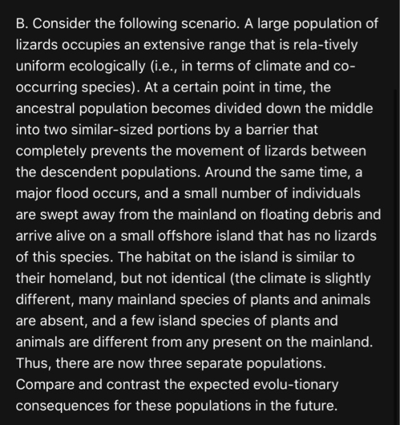 B. Consider the following scenario. A large population of lizards occupies an extensive range that is rela-tively uniform eco