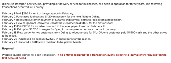 Blaine Air Transport Service, Inc., providing air delivery service for businesses, has been in operation for three years. The