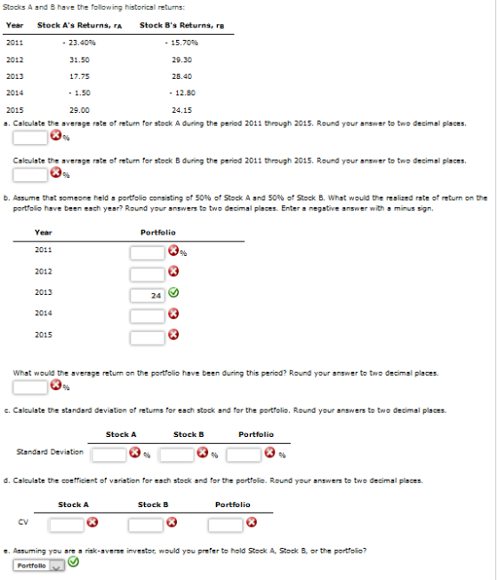 Stocks A and B have the following historical returns: Year Stock As Returns, A Stock Bs Returns, re 2011 - 23.40% 15.7094 2