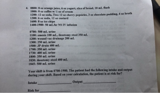 4. 0800: 8 oz orange juice, 6 oz yogurt, slice of bread, 10 mL flush 1000: 8 oz coffee w/1 oz of cream 1200: 12 oz soda, Two