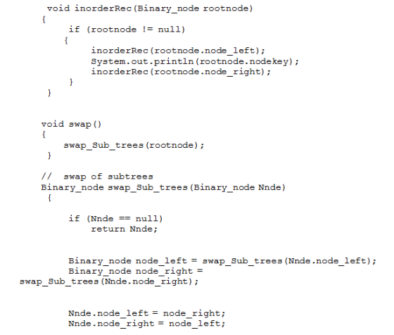 void inorderRec (Binary_node rootnode) if (rootnode != null) inorderRec (rootnode.node left); System.out.println(rootnode.nod