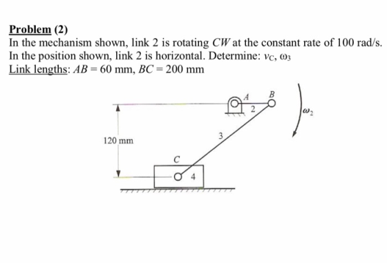 Problem (2) In the mechanism shown, link 2 is rotating CW at the constant rate of 100 rad/s. In the position shown, link 2 is
