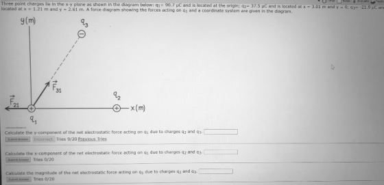 Three point charges ein the x-y plane as shown in the diagram below 41-90 7 μο and s located at the origin, q2 37 S C and is located at x-3 01 n and y located at x = 1.21 m and y = 2.61 m. A force diagram showing the forces acting on q1 and a coordinate system are given in the diagram. 0; 3 21.9 a y(m) 31 d2 F. 21 -x(m) 4, Calculate the y-component of the net electrostatic force acting on qi due to charges q2 and q3. Submit AnswerIncorrect. Tries 9/20 Previous Tries Calculate the x-component of the net electrostatic force acting on q1 due to charges q2 and a3. [ Subril Answer Tries 0/20 Calculate the magnitude of the net electrostatic force acting on g1 due to charges q2 and q3 43. Subrmit Answer Tries 0/20