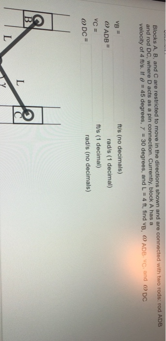 Blocks A, B, and C are restricted to move in the directions shown and are connected with two rods: rod ADB and rod DC, where