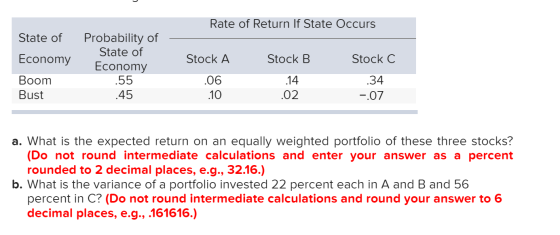 Rate of Return If State Occurs State of Probability of State of Economy Economy Stock A Stock B Stock C .55 .06 14 Boom Bust