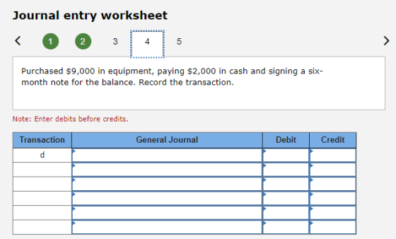 Journal entry worksheet < 1 2 3 4 5 Purchased $9,000 in equipment, paying $2,000 in cash and signing a six- month note for th