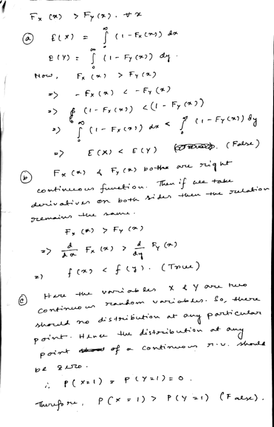 Fx cor > Fy (. #x @ {1x) = ſ ro - Fxcms) do 2C) = ſ 11 - Fy (47) dy Now, Fx (x9 > Fy(2) - - fx(x) < - Fy (*) >> $(1- Fx CMO)