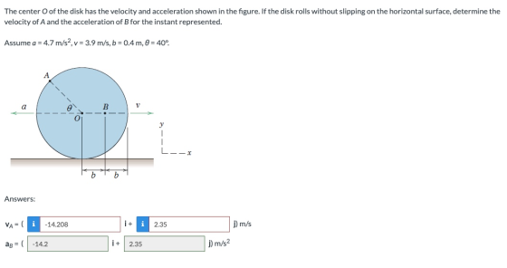 The center of the disk has the velocity and acceleration shown in the figure. If the disk rolls without slipping on the horiz