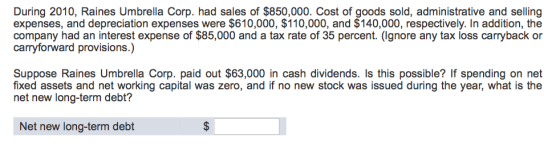 During 2010, Raines Umbrella Corp. had sales of $850,000. Cost of goods sold, administrative and selling expenses, and deprec