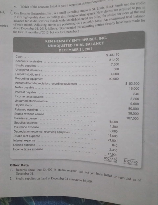 Which of the accounts listed in part b represent defende 1-7, Ken Hensley Enterprises, Inc. is a small recording studio in St