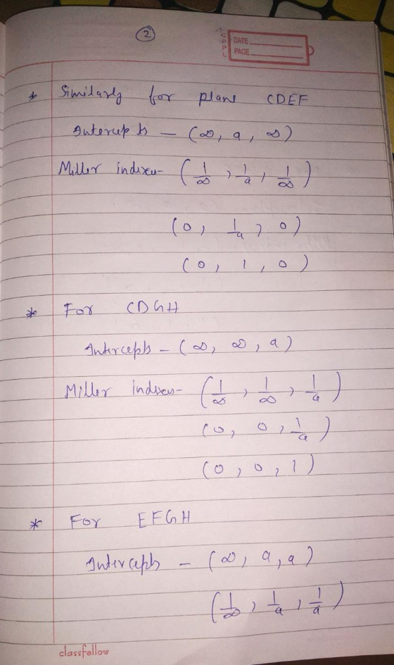 DATE PAGE Similarly for plane CDEF. Interupts - (2, a, a) Miller indireu c itata) (o, 7o) l,o) co, * For CD GH Antercepts - D