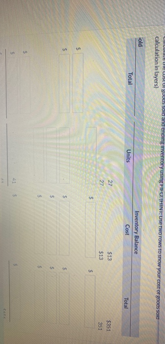 Calculele uuSLUI goods sold and ending inventory using FIFO (HINI Use two rows to show your cost of goods sold calculation in
