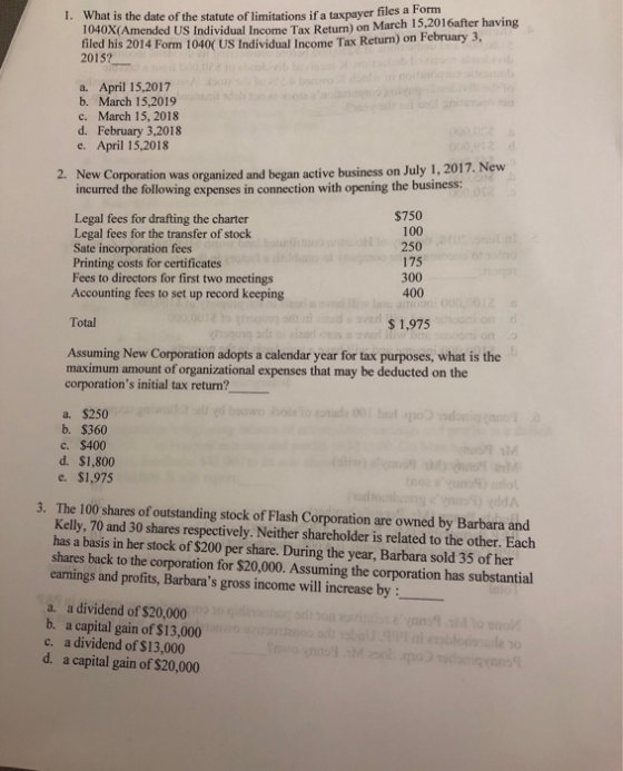 1. What is the date of the statute of limitations if a taxpayer files a Form 1040X(Amended US Individual Income Tax Return) o