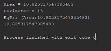 Area 10.825317547305483 Perimeter 15 EqTri (Area: 10.825317547305483) 10.825317547305483 Process finished with exit code
