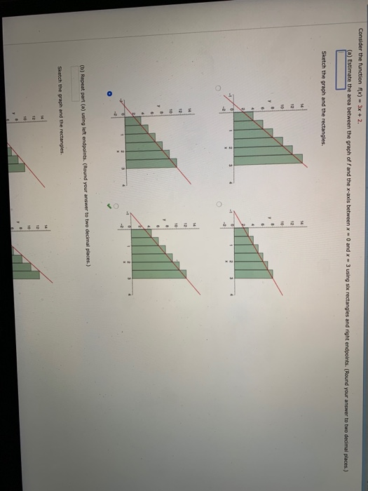 Consider the function x)-3x+2 Estimate the area between the graph of f and the x axis between x-o and x-3 using six rectangle