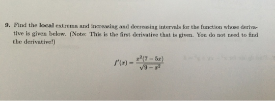 9. Find the local extrema and increasing and decreasing intervals for the function whose deriva- tive is given below. (Note:
