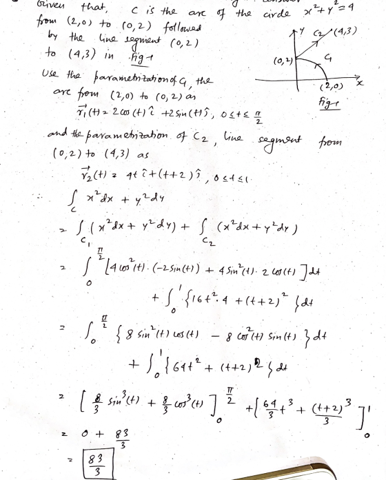 are of the cirde x² + y 24 G (2,0) fige Griven that c is the from (2,0) to (0,2) followed 47 C/(43) by the line segment (0,2)
