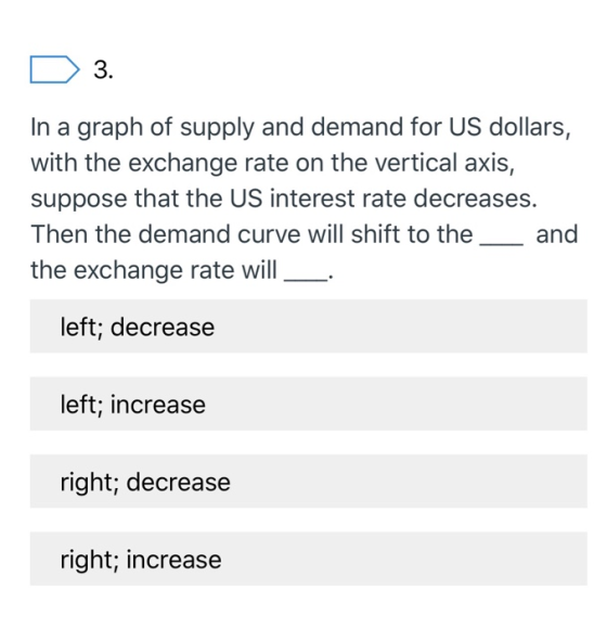 D 3. In a graph of supply and demand for US dollars, with the exchange rate on the vertical axis, suppose that the US interes
