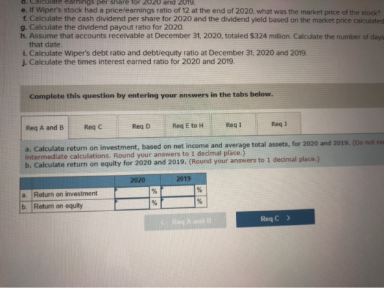a. Calculate earnings per share tor 2020 and 2019. e. If Wipers stock had a pricelearnings ratio of 12 at the end of 2020, w