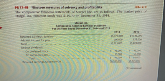 PR 17-48 Nineteen measures of solvency and profitability OBJ. 2, 3 The comparative financial statements of Stargel Inc. are a