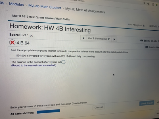 section... 5 > Modules > MyLab Math Student MyLab Math All Assignments MATH 1012-005: Quant Reason/Math Skills Noor Abuajineh
