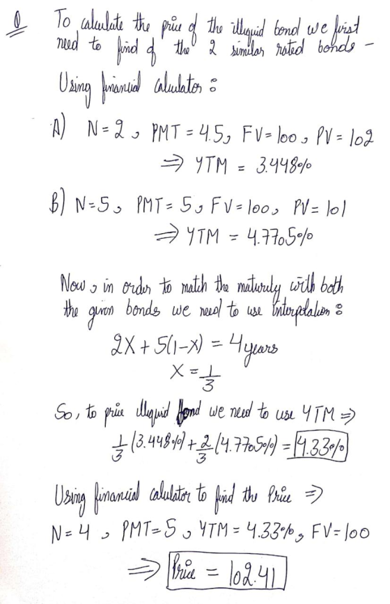 I To calculate the price of the ithiquid bond we first need to find of the 2 similar rated bonds - Using forensial abusates a