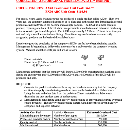 CURRECTED: ABC ORIGINAL PROBLEM DATA (W Excel File): CHECK FIGURES: AX40 Traditional Unit Cost: $62.75 EX90 ABC Unit Cost: $1