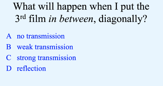 What will happen when I put the 3rd film in between, diagonally? A no transmission B weak transmission C strong transmission D reflection