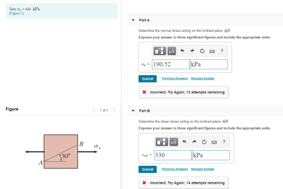Take og = 440 kPa (Figure 1) Part A Determine the normal stress acting on the inclined plane AB Express your answer to three