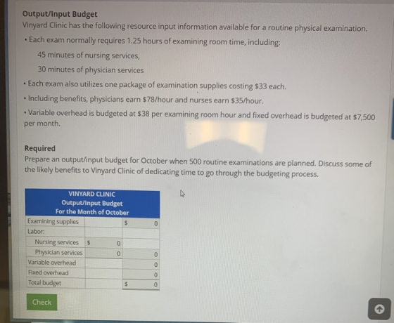 Output/Input Budget Vinyard Clinic has the following resource input information available for a routine physical examination.