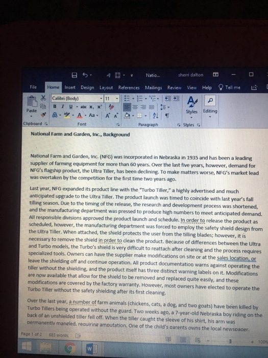 0 File 5 Home Insert Design * Calibri (Body) - Tell me .; Natio. sherri dalton References Mailings Review View Help . A Layou
