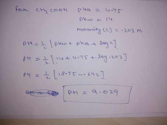 Fou ca cosh plea zu•7г. pku = 1ч. molarity (C) = -203 m., PH= t I preot pkat loge] pH = 2 [16+4.75 + log: 203] 1 = [ 8-75-. 6