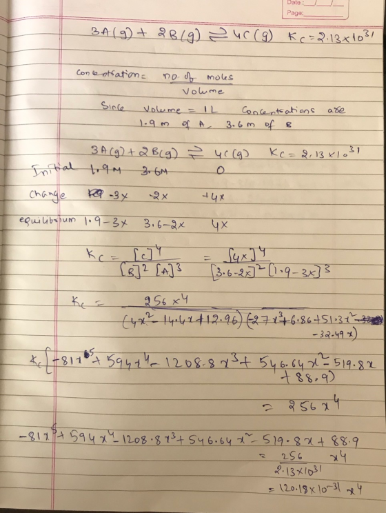 Date : Page: BA(g) + 2B (g) 2 uc (9) Kr=2,13x1031 Concentration no. of moles Volume volume = IL Concentrations 1.9m of A, 3.6